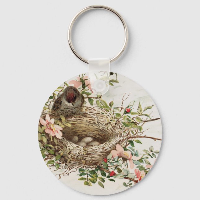 Vintage Bird in Nest Animal Print Key Ring (Front)