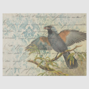 Vintage Bird on Branch with Writing Decoupage Tissue Paper