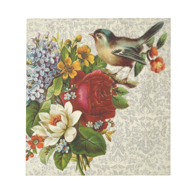 Vintage Bird On Flowers Notepad (Front)