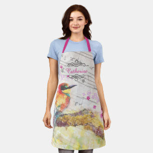 Vintage bird on tree pink flowers decoupage apron