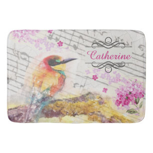 Vintage bird on tree pink flowers decoupage bath mat