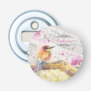 Vintage bird on tree pink flowers decoupage  bottle opener