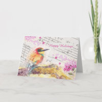 Vintage bird on tree pink flowers decoupage