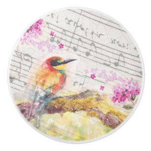 Vintage bird on tree pink flowers decoupage  ceramic knob