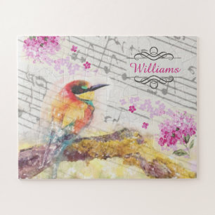 Vintage bird on tree pink flowers decoupage jigsaw puzzle