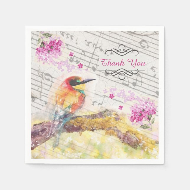Vintage bird on tree pink flowers decoupage  napkin (Front)