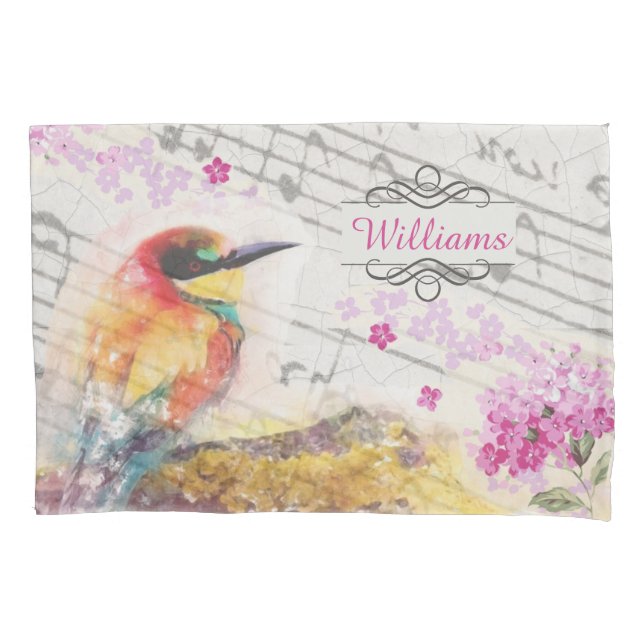 Vintage bird on tree pink flowers decoupage   pillowcase (Front)