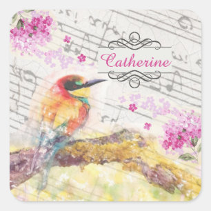 Vintage bird on tree pink flowers decoupage square sticker