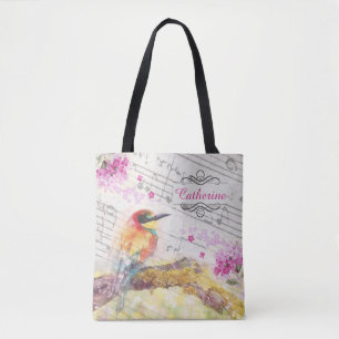 Vintage bird on tree pink flowers decoupage tote bag