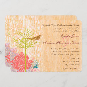 Vintage Bird on Wood Grain Wedding Invitation