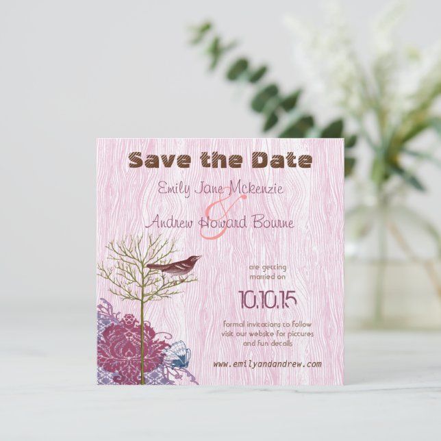 Vintage Bird on WoodGrain Wedding Save the Date (Standing Front)