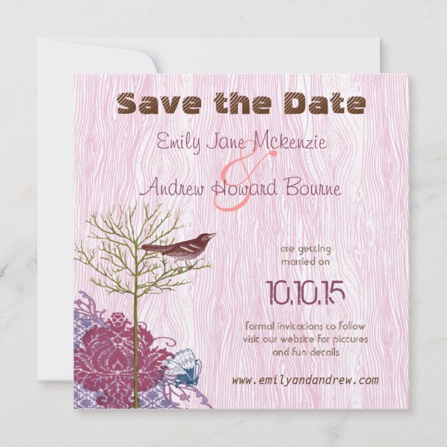 Vintage Bird on WoodGrain Wedding Save the Date (Front)
