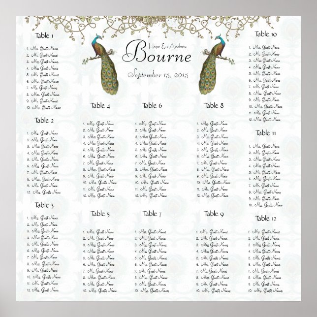 Vintage Bird Peacock Seating Chart 12 Tables (Front)