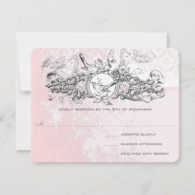 Vintage Bird Pink Musical Scroll Wedding RSVP (Front)