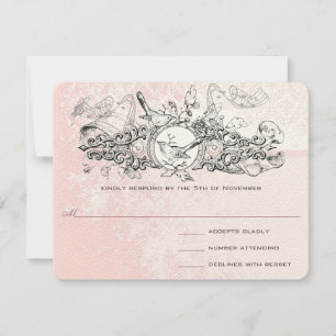 Vintage Bird Pink Musical Scroll Wedding RSVP Card