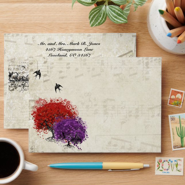 Vintage Bird Purple Red Heart Leaf  Envelope (Desk)