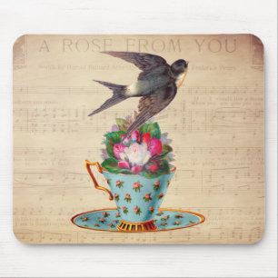 Vintage Bird, Roses, and Teacup Mouse Mat