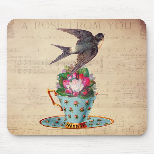 Vintage Bird, Roses, and Teacup Mouse Mat (Front)