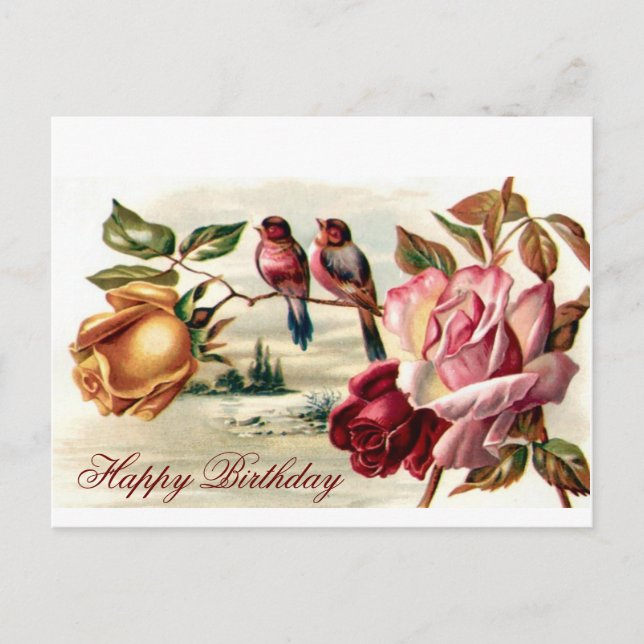 Vintage Bird Roses Birthday Postcard (Front)