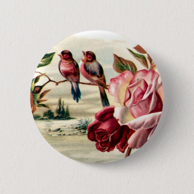 Vintage Bird Roses Button (Front)