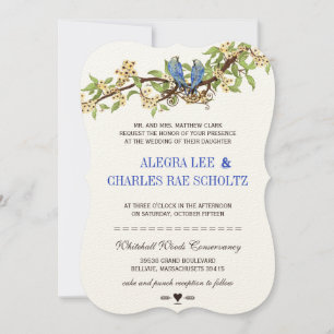 Vintage Bird Royal Blue Cherry Blossom Wedding Invitation