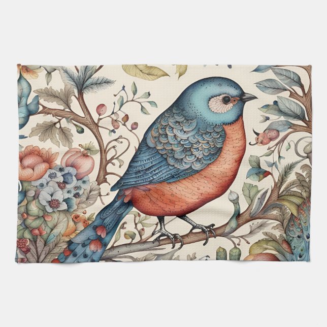 Vintage bird Scandinavian fabric design Tea Towel (Horizontal)