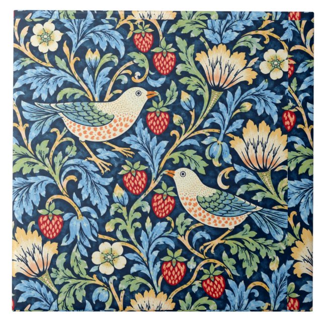 Vintage Bird, Strawberry & Floral Pattern Tile (Front)