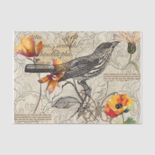Vintage Bird & Watercolor Floral Decoupage Tissue Paper
