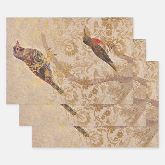 Vintage Bird with Gold Wrapping Paper Sheet (Set)
