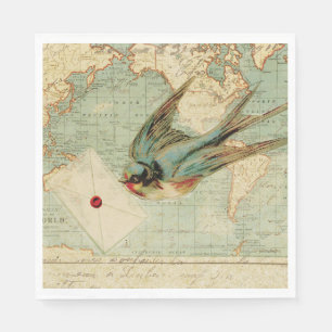 Vintage bird with letter on an antique map napkin