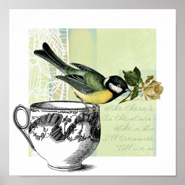 Vintage Bird with Rose Collage Art Prints (Front)