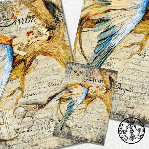 Vintage Bird Woman Furniture Decoupage Wrapping Paper Sheet