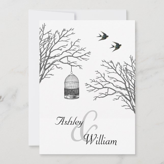 Vintage Birdcage Bare Branch Swallows Wedding Invitation (Front)