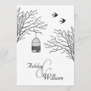Vintage Birdcage Bare Branch Swallows Wedding Invitation