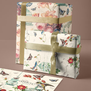 Vintage Birdcage, Butterflies & Birds Decoupage Wrapping Paper Sheet