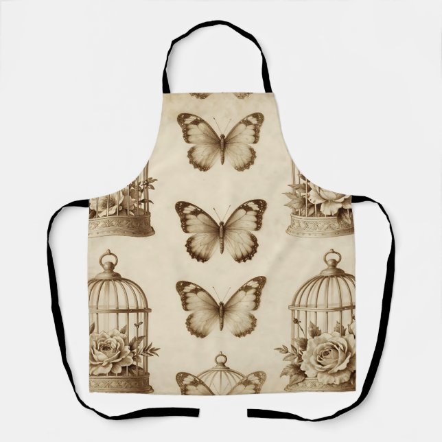Vintage Birdcage Butterfly Rose Sepia Pattern Apron (Front)