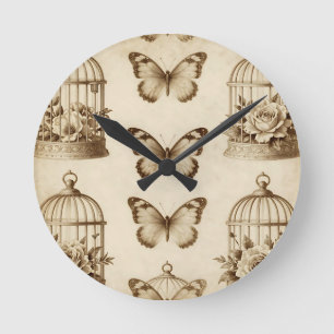 Vintage Birdcage Butterfly Rose Sepia Pattern Round Clock