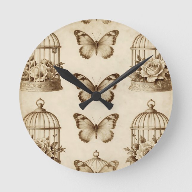 Vintage Birdcage Butterfly Rose Sepia Pattern Round Clock (Front)
