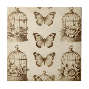 Vintage Birdcage Butterfly Rose Sepia Pattern Tile