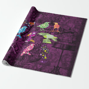 Vintage Birdcage & Colourful Birds Wrapping Paper