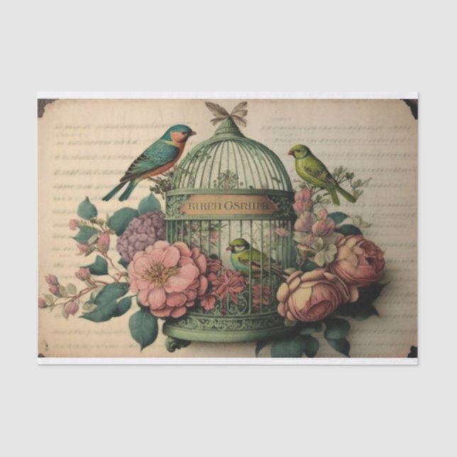 vintage birdcage green butterflies birds decoupage tissue paper (Front)