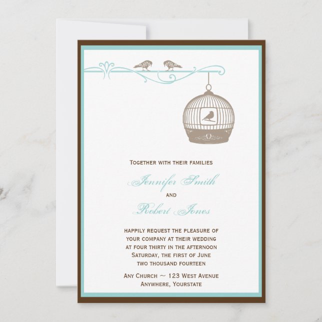 Vintage Birdcage in Brown Aqua Wedding Invitation (Front)