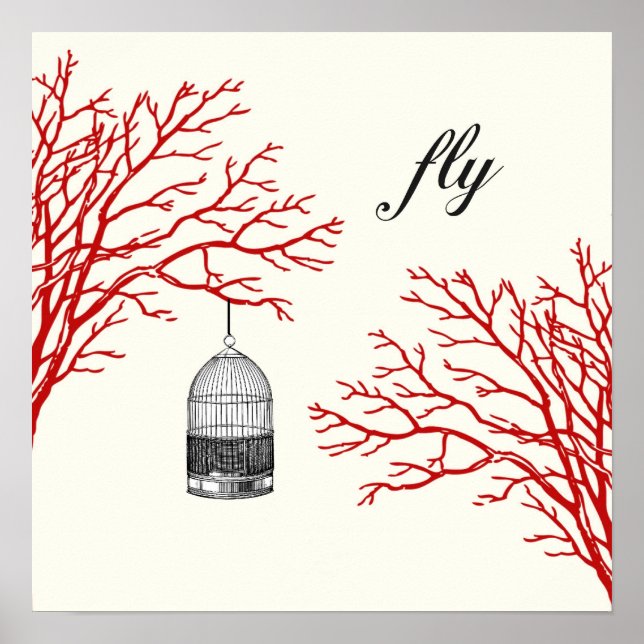 Vintage Birdcage Red Branches "fly" Poster (Front)