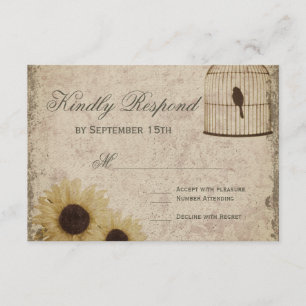 Vintage Birdcage Rustic Sunflowers Wedding RSVP Card