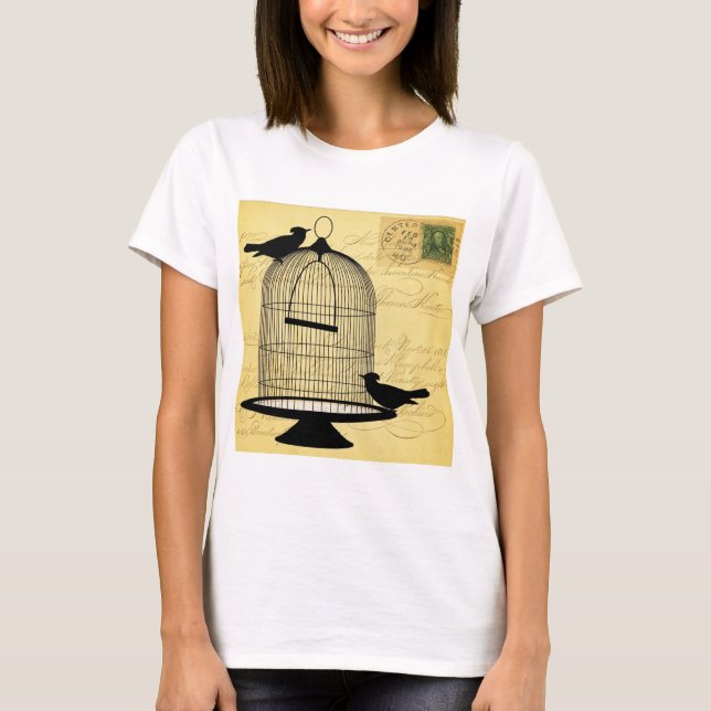 Vintage Birdcage Silhouette and Handwriting T-Shirt (Front)