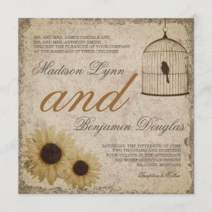 Vintage Birdcage Sunflowers Rustic Wedding Invite