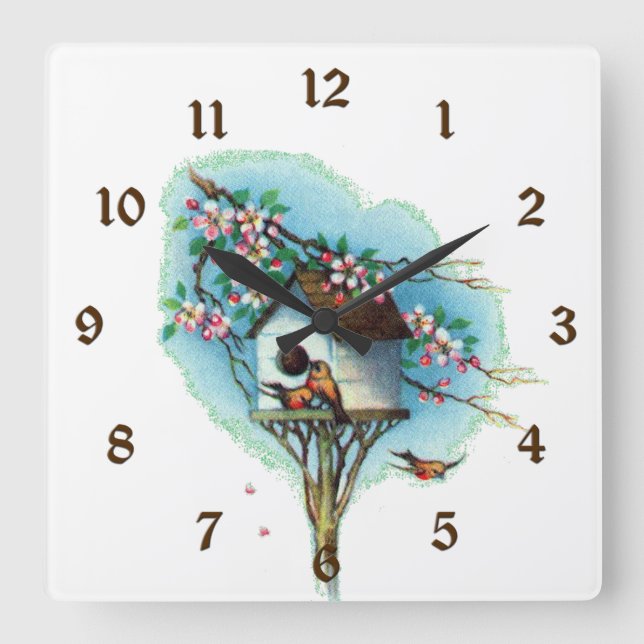 Vintage Birdhouse Square Wall Clock (Front)