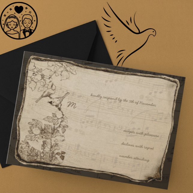 Vintage Birds Aged Parchment Wedding RSVP Card (Creator Uploaded)
