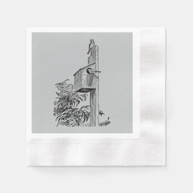 Vintage Birds and Birdhouse Silver Napkin (Front)