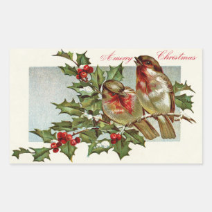 Vintage Birds and Holly Christmas Rectangular Sticker